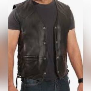 Bonus Western Men Vest Sz 50 Black Genuine Leather Sleeveless Button Down